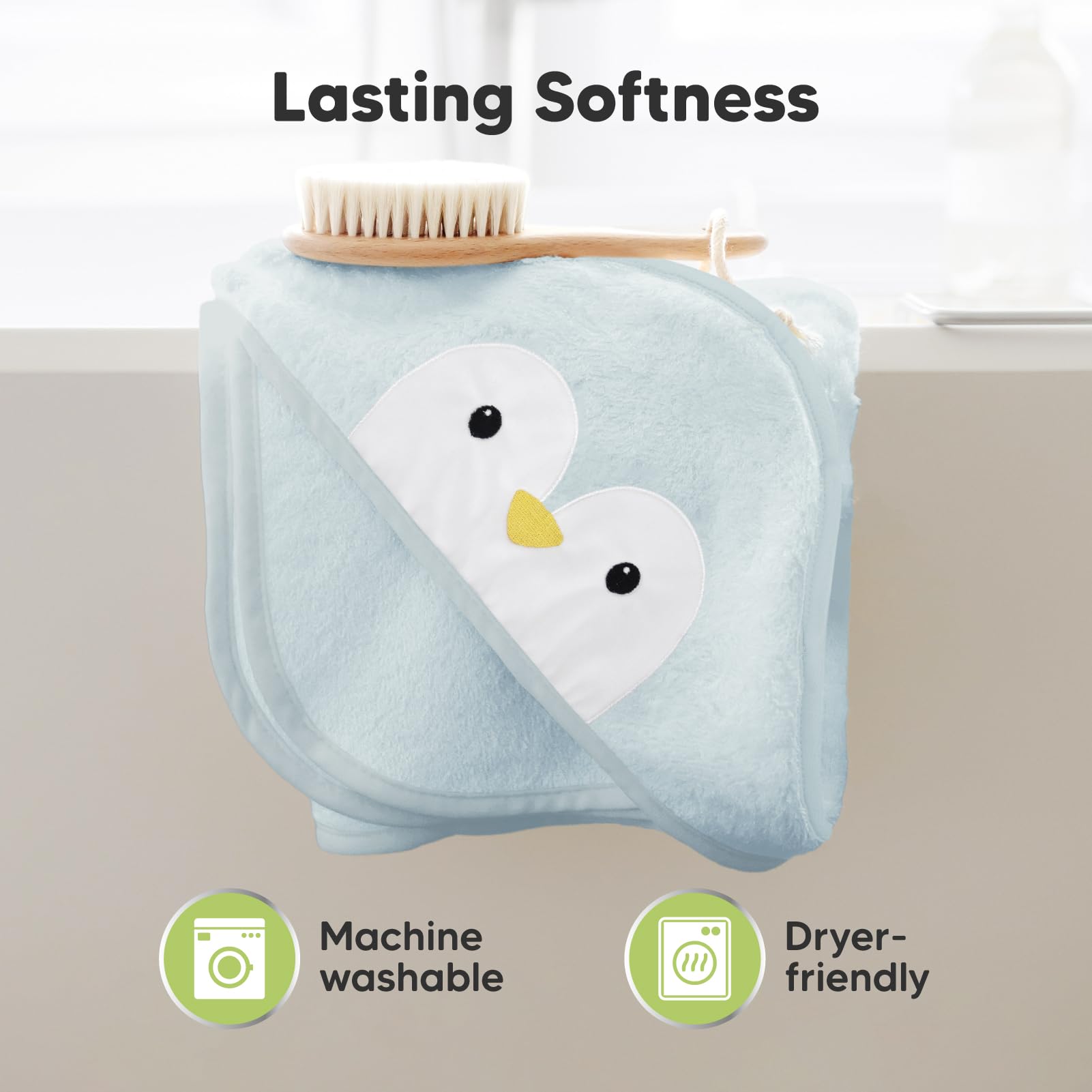 KeaBabies machine-wash and dryer-friendly towel image highlights easy care for busy parents