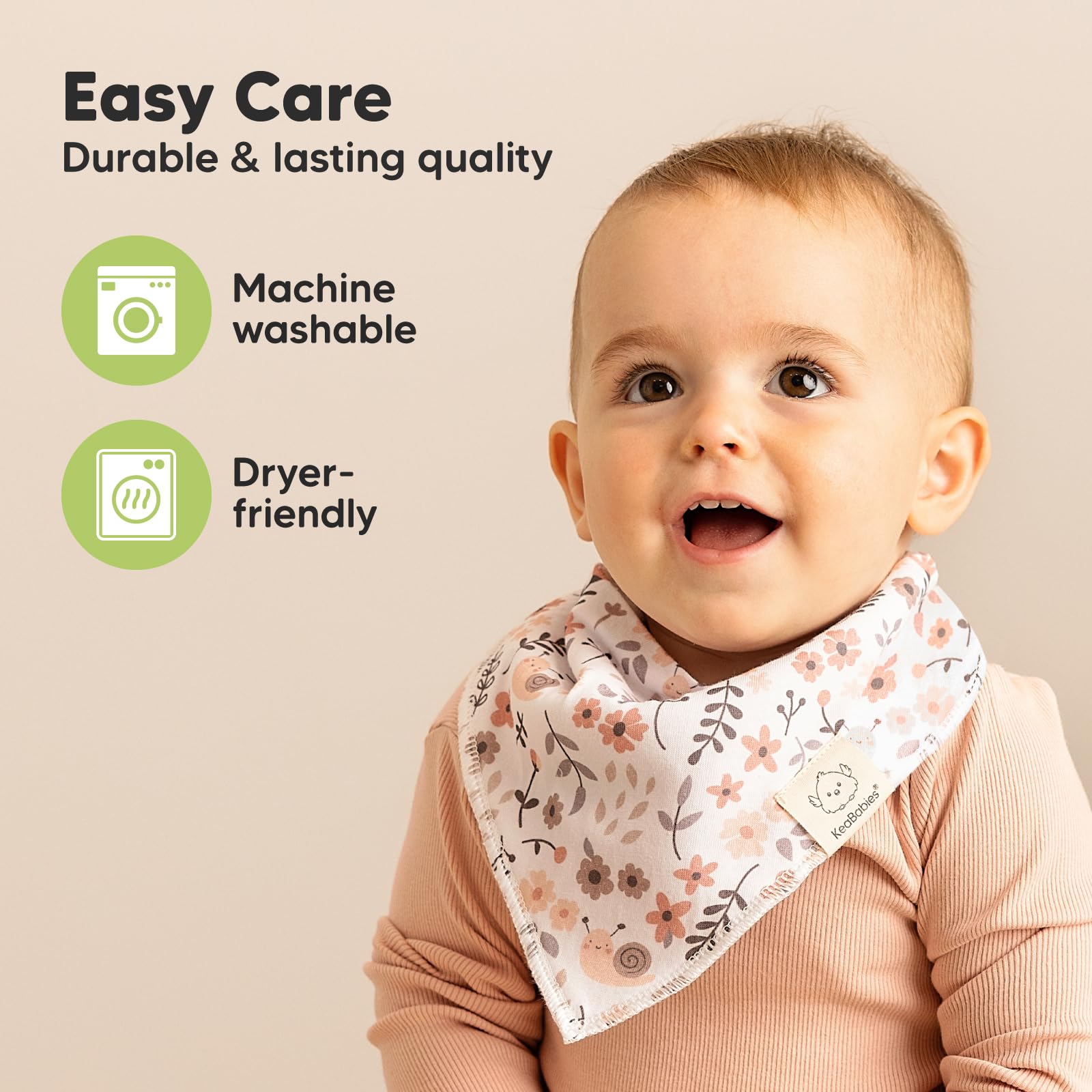 KeaBabies machine-washable bibs illustrate easy daily cleaning and reuse.