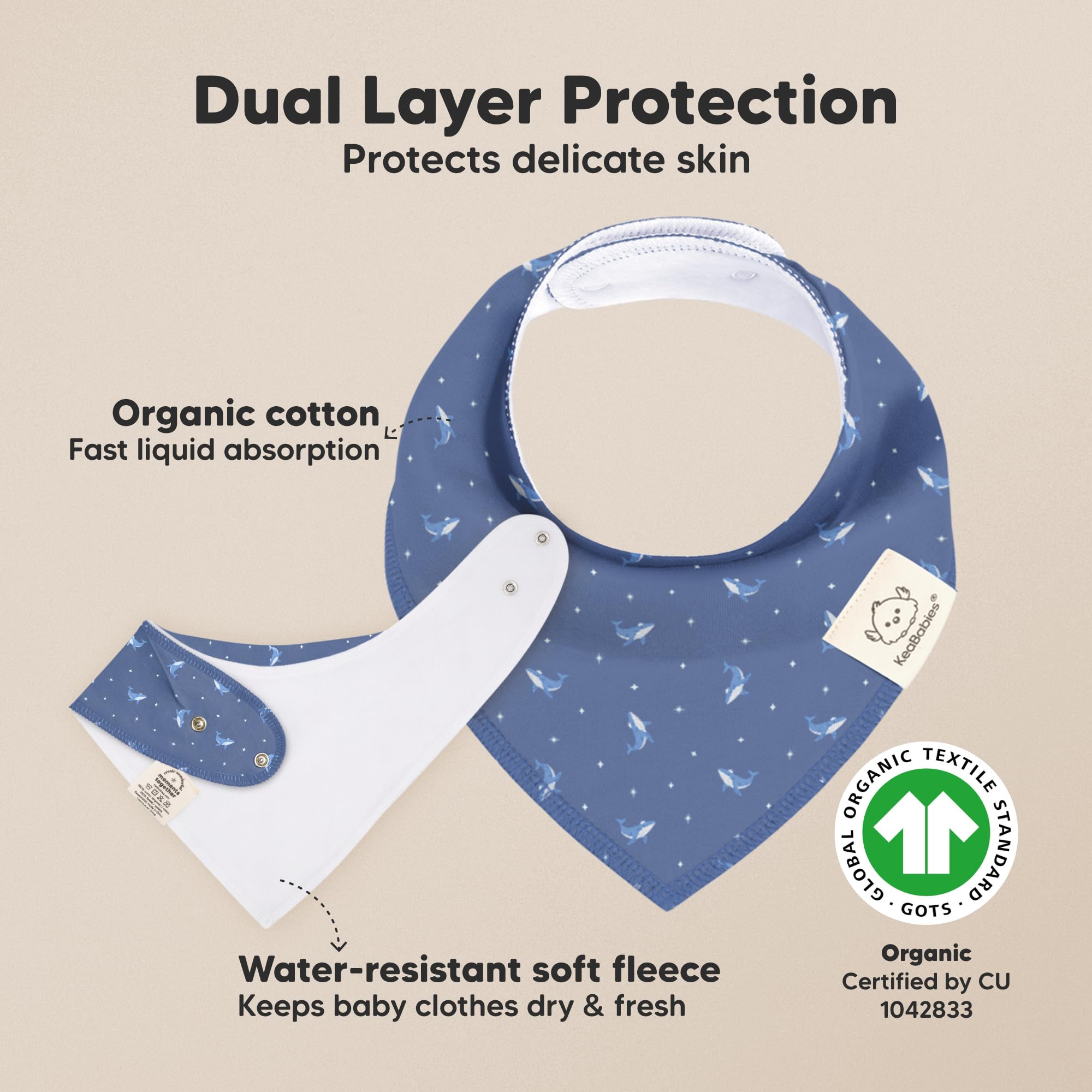 KeaBabies Marine Muse bib closeup shows ultra-soft organic cotton and dual-layer absorbency.