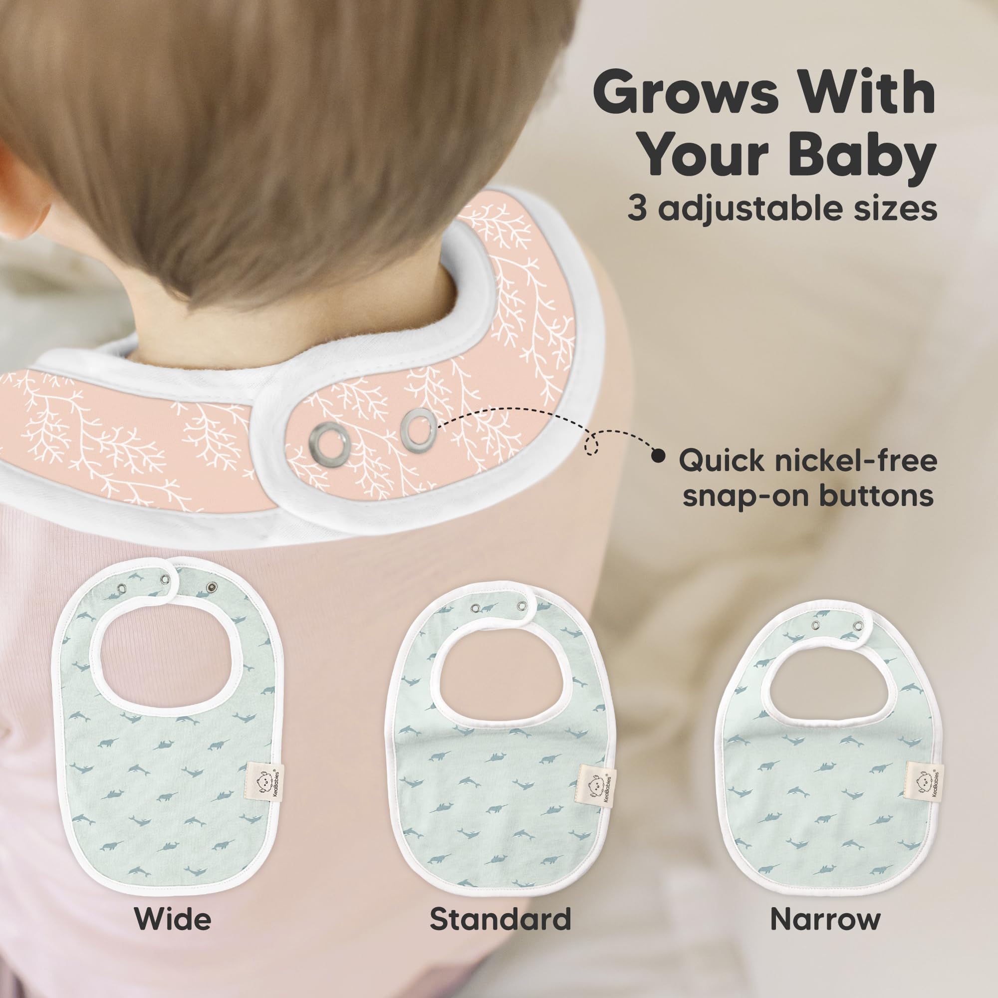KeaBabies Marine Muse bib snaps close-up shows adjustable nickel-free fit