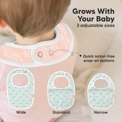 KeaBabies Marine Muse bib snaps close-up shows adjustable nickel-free fit