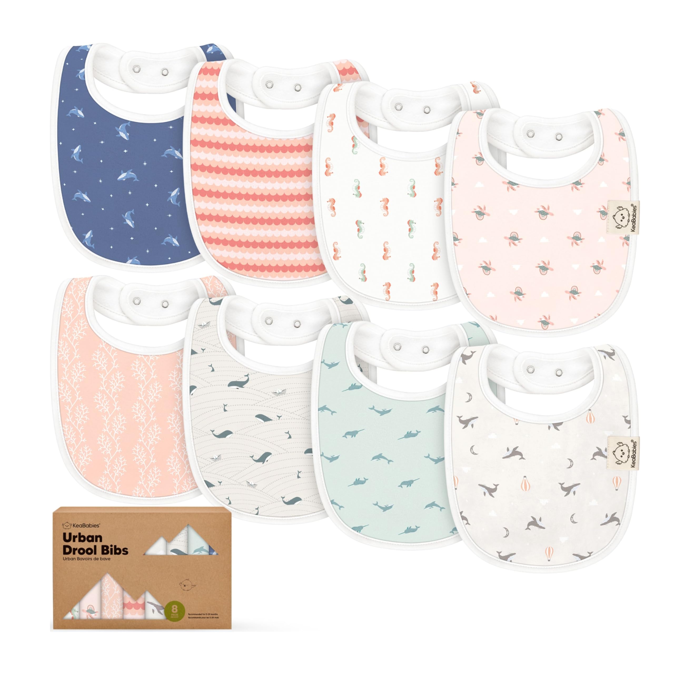 KeaBabies Marine Muse bibs laid flat showing eight bibs for easy selection and styling