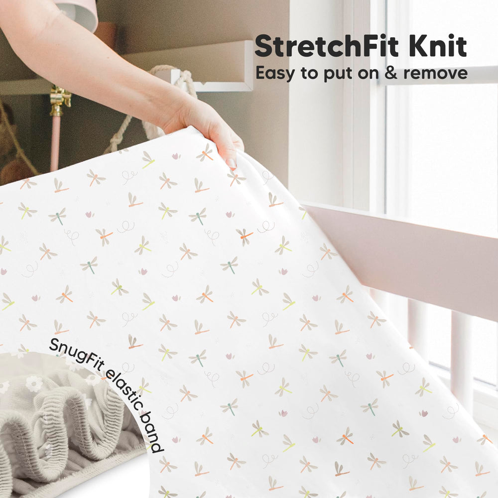 KeaBabies Meadow crib sheet folded beside nursery decor, showcasing soft texture