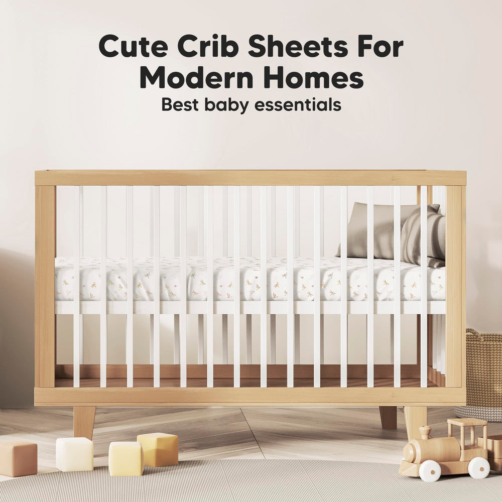 KeaBabies Meadow crib sheet on a crib, highlighting breathable fabric