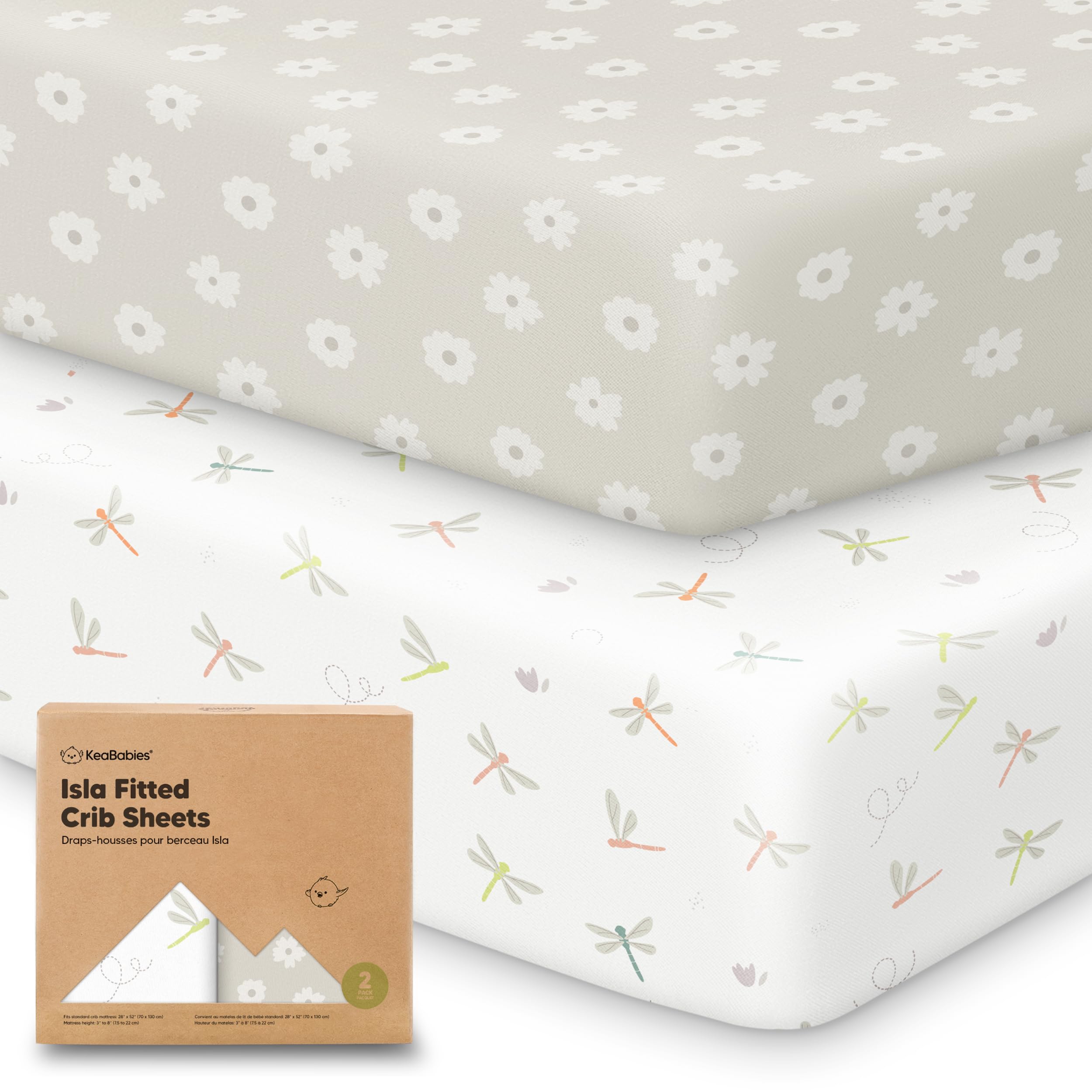 KeaBabies Meadow crib sheet pack on mattress, soft bamboo fabric for cozy naps