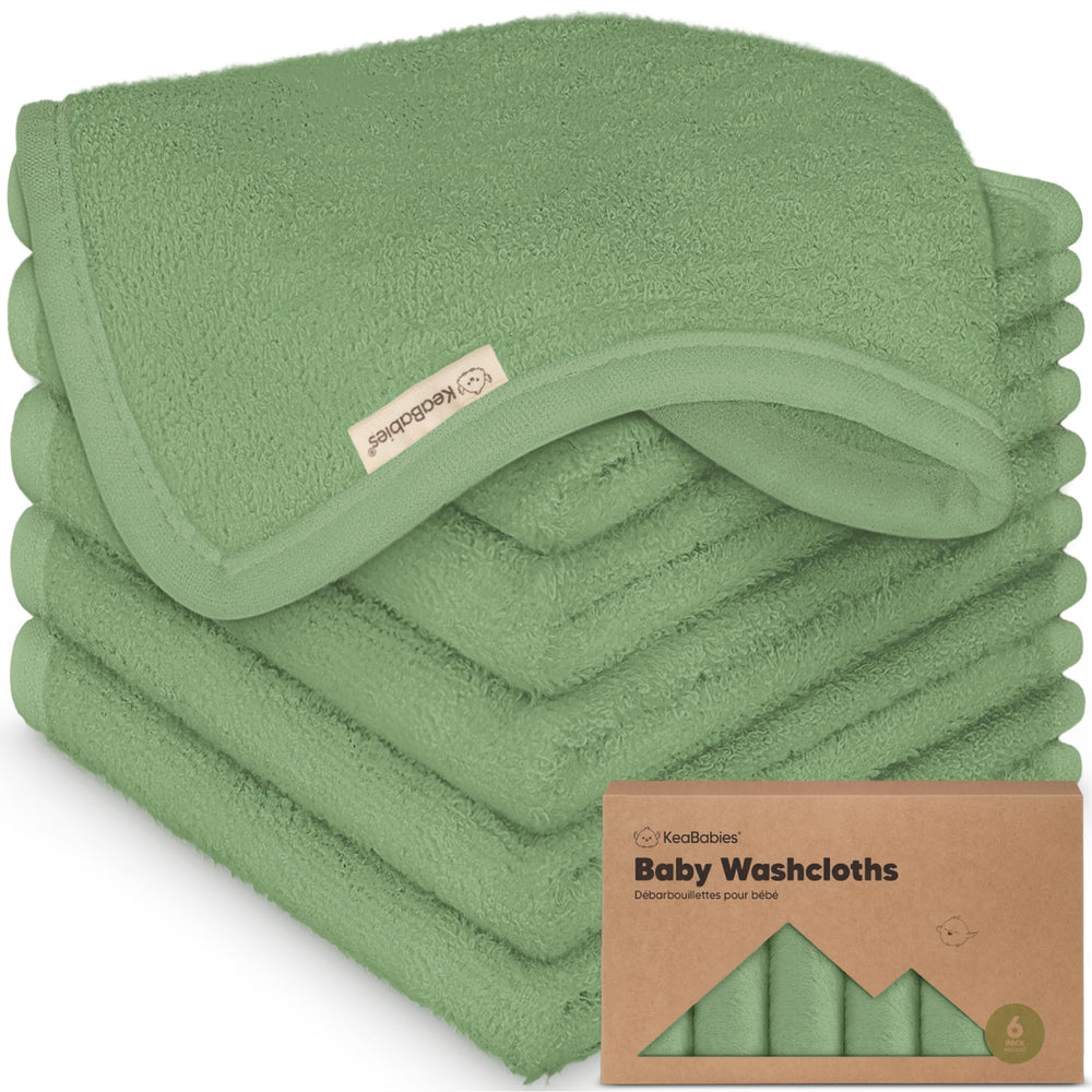 KeaBabies Meadow Green washcloths close-up shows ultra-soft bamboo viscose texture for gentle bath time.