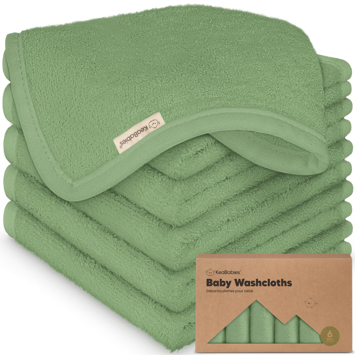 KeaBabies Meadow Green washcloths close-up shows ultra-soft bamboo viscose texture for gentle bath time.