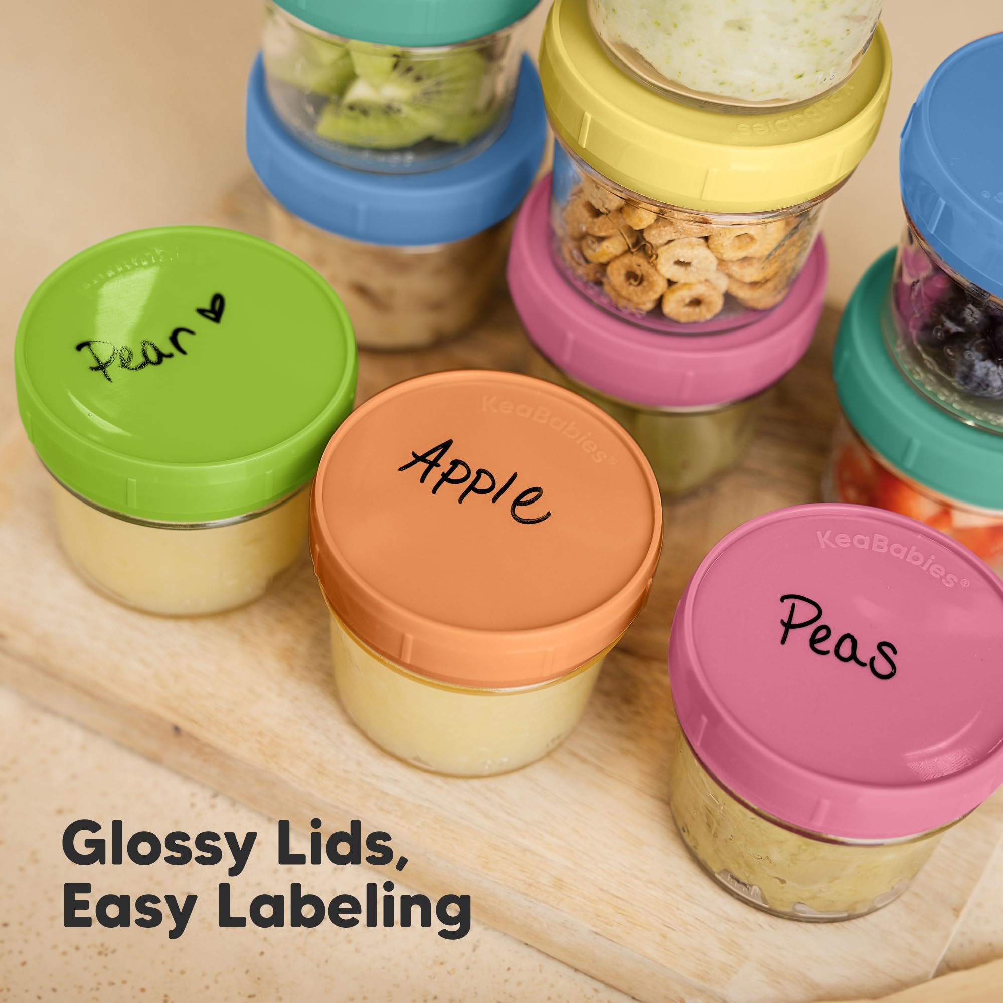KeaBabies measurement markings and writable lids for precise portions.
