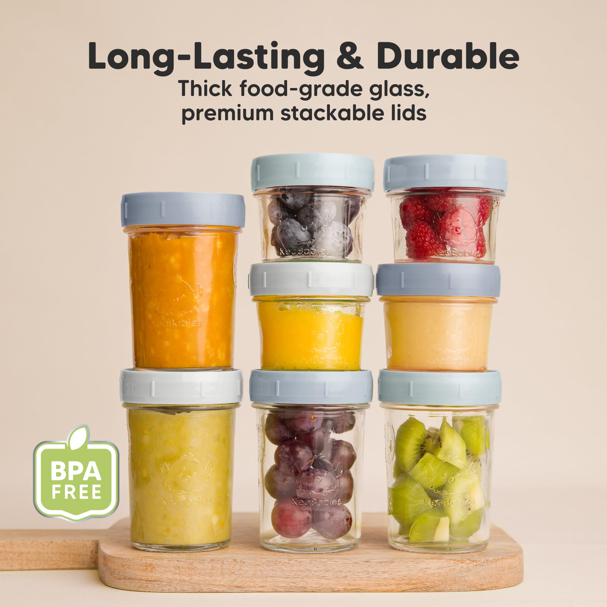 KeaBabies jars feature measurement markings and writable lids for portions.