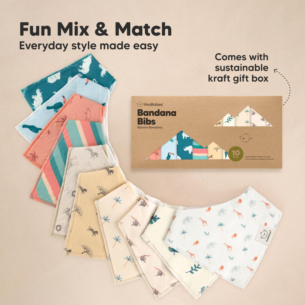 KeaBabies Mesozoic bandana bib 10-pack offers versatile designs for quick outfit changes