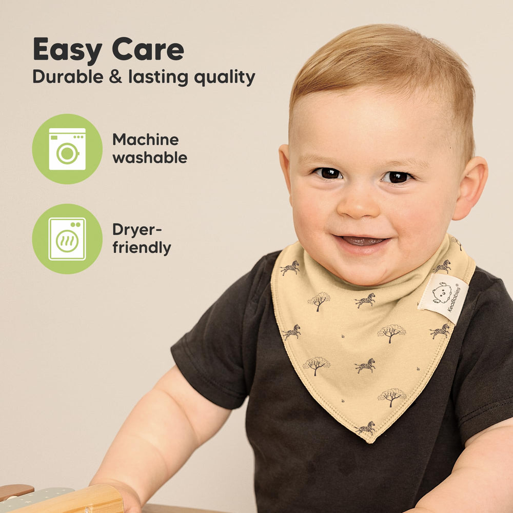 KeaBabies Mesozoic bandana bib adjustable neck shows three size options for 0-36 months