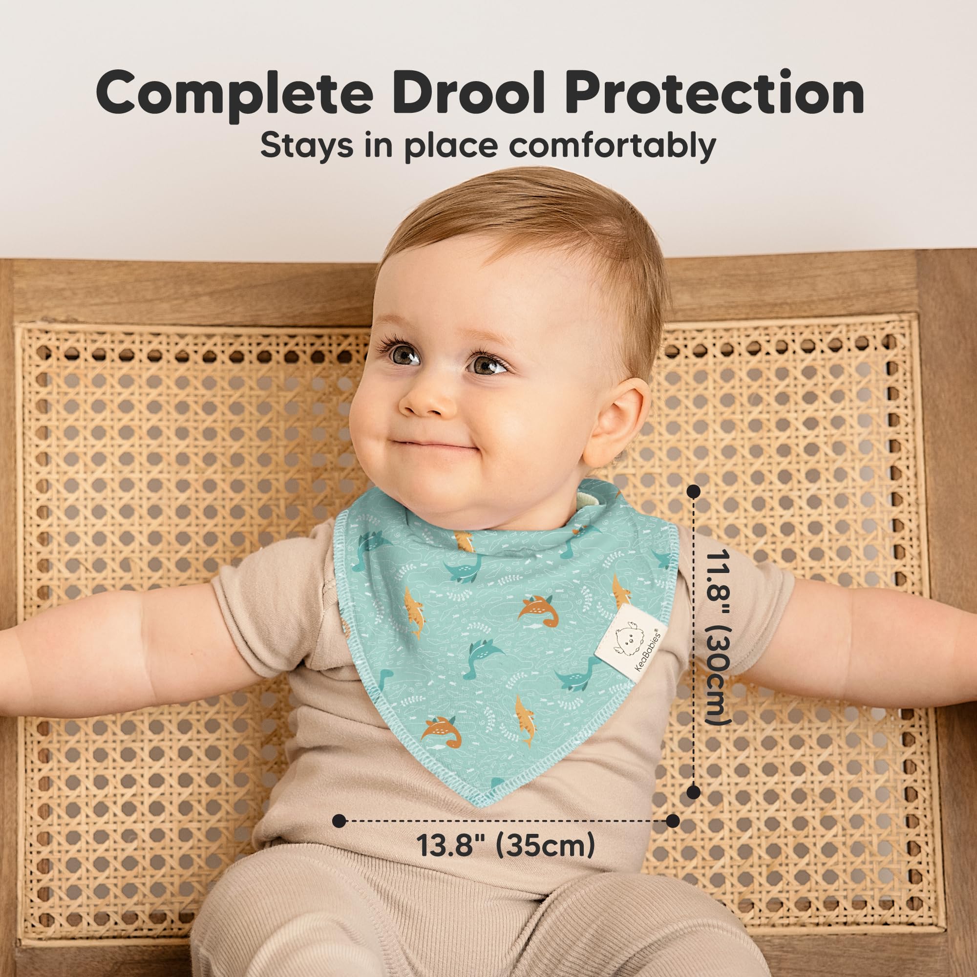 KeaBabies Mesozoic bandana bib edge stitching shows durability for active babies