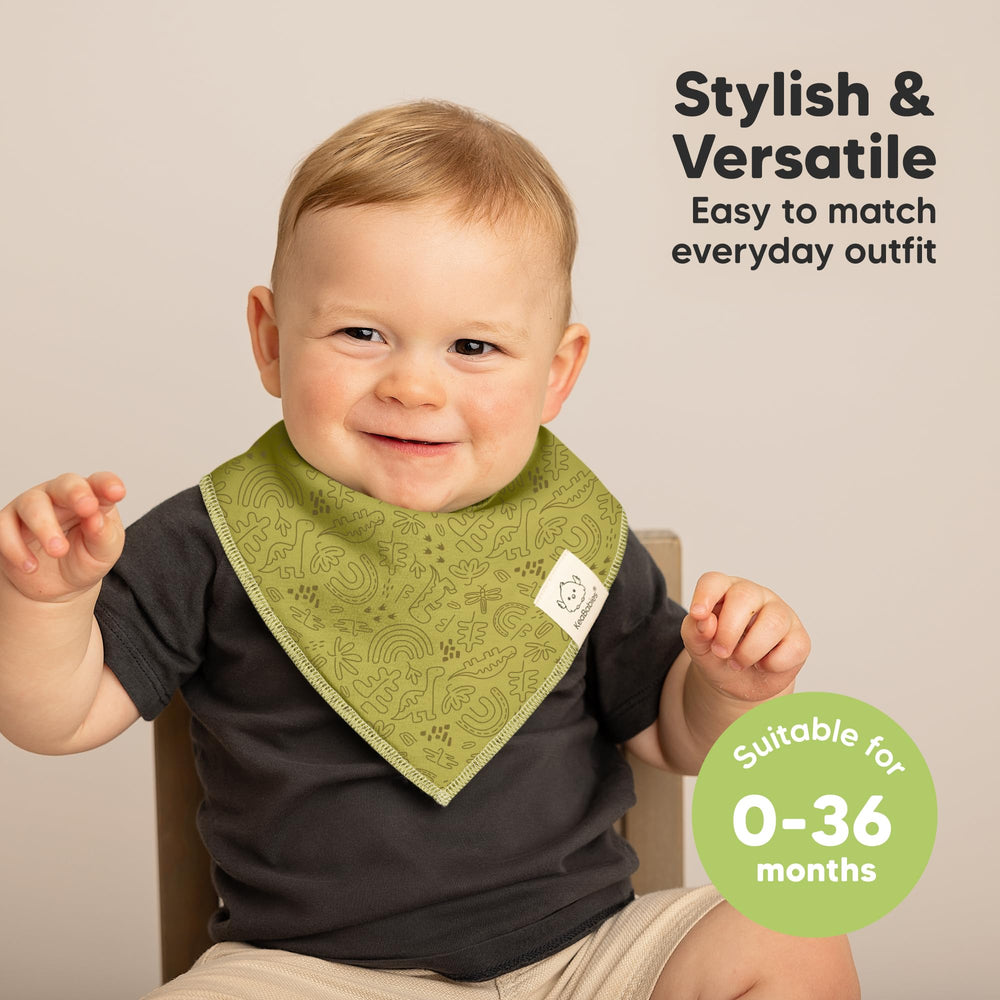 KeaBabies Mesozoic bandana bib closeup reveals double-layer absorbency for messier days
