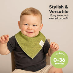 KeaBabies Mesozoic bandana bib closeup reveals double-layer absorbency for messier days