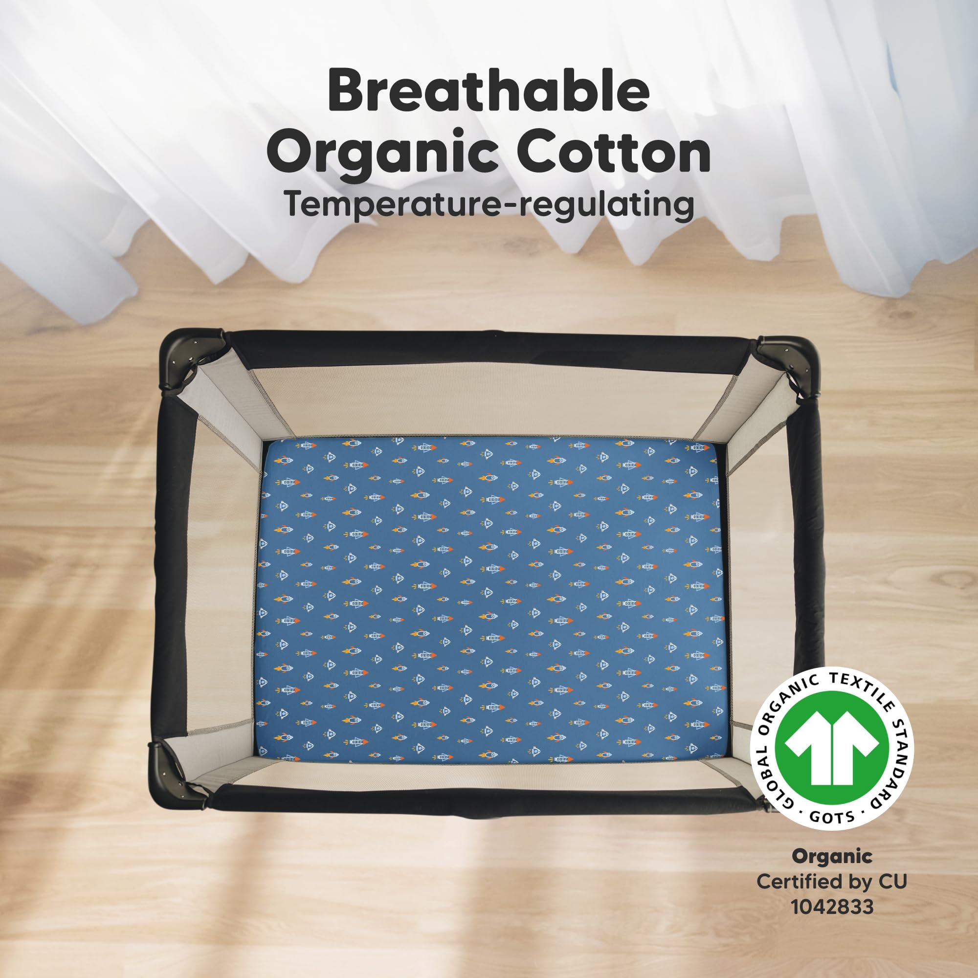 KeaBabies pack-n-play 38x26 fit closeup demonstrates snugfit elastic in action for secure fit