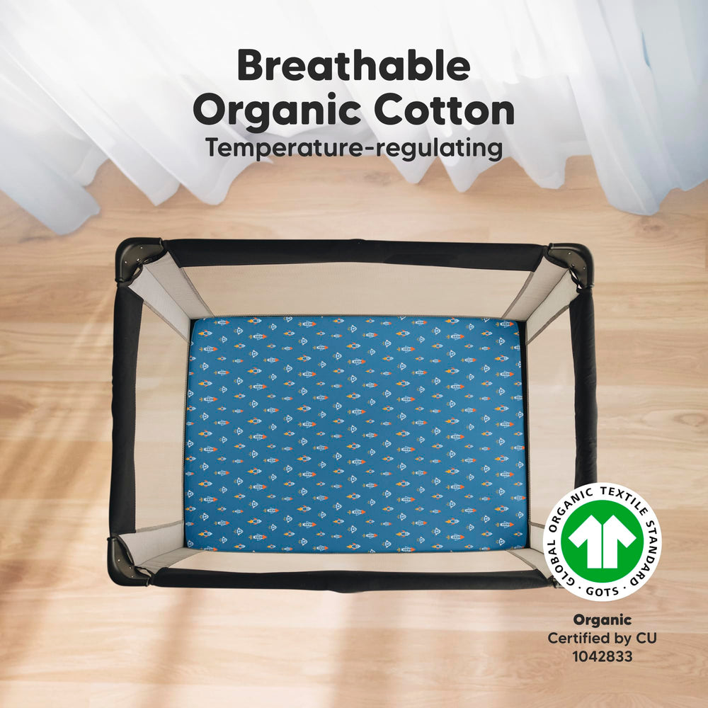 KeaBabies pack-n-play 38x26 fit closeup demonstrates snugfit elastic in action for secure fit