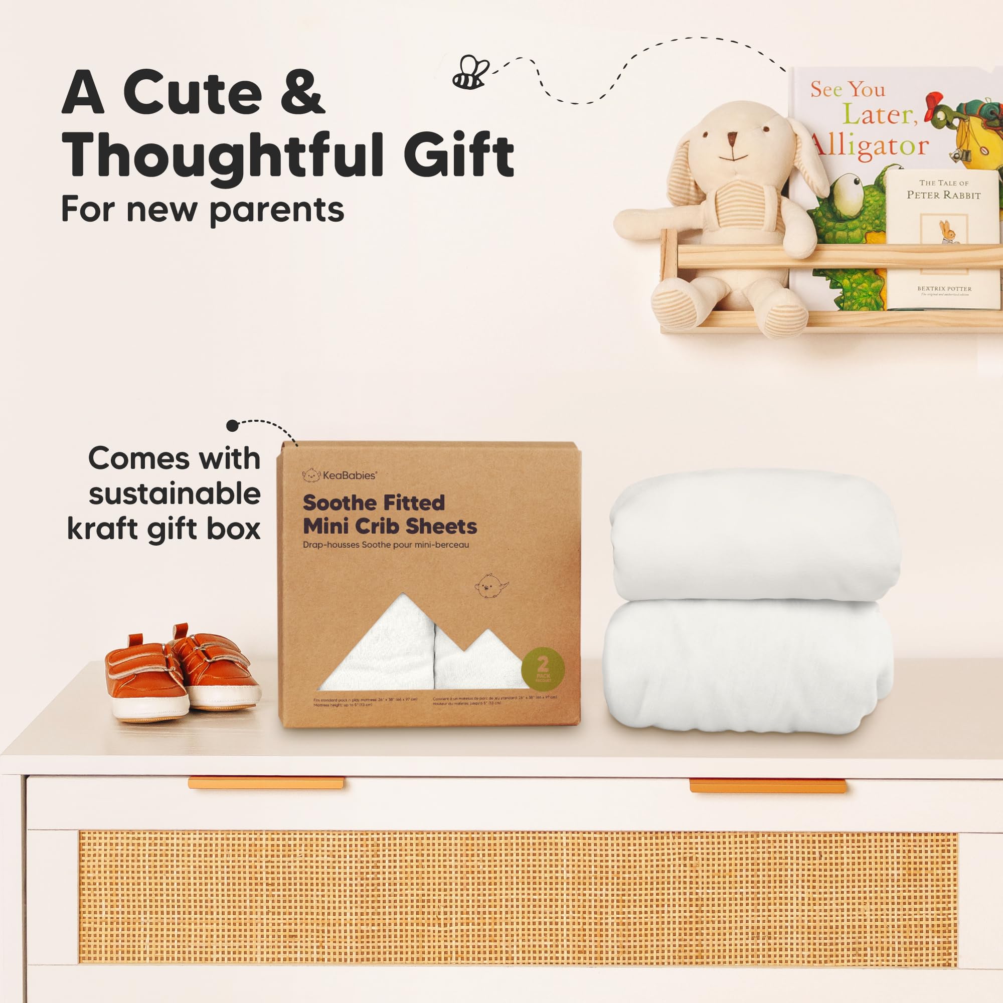 KeaBabies skin-friendly finish on soft white sheets for sensitive skin.
