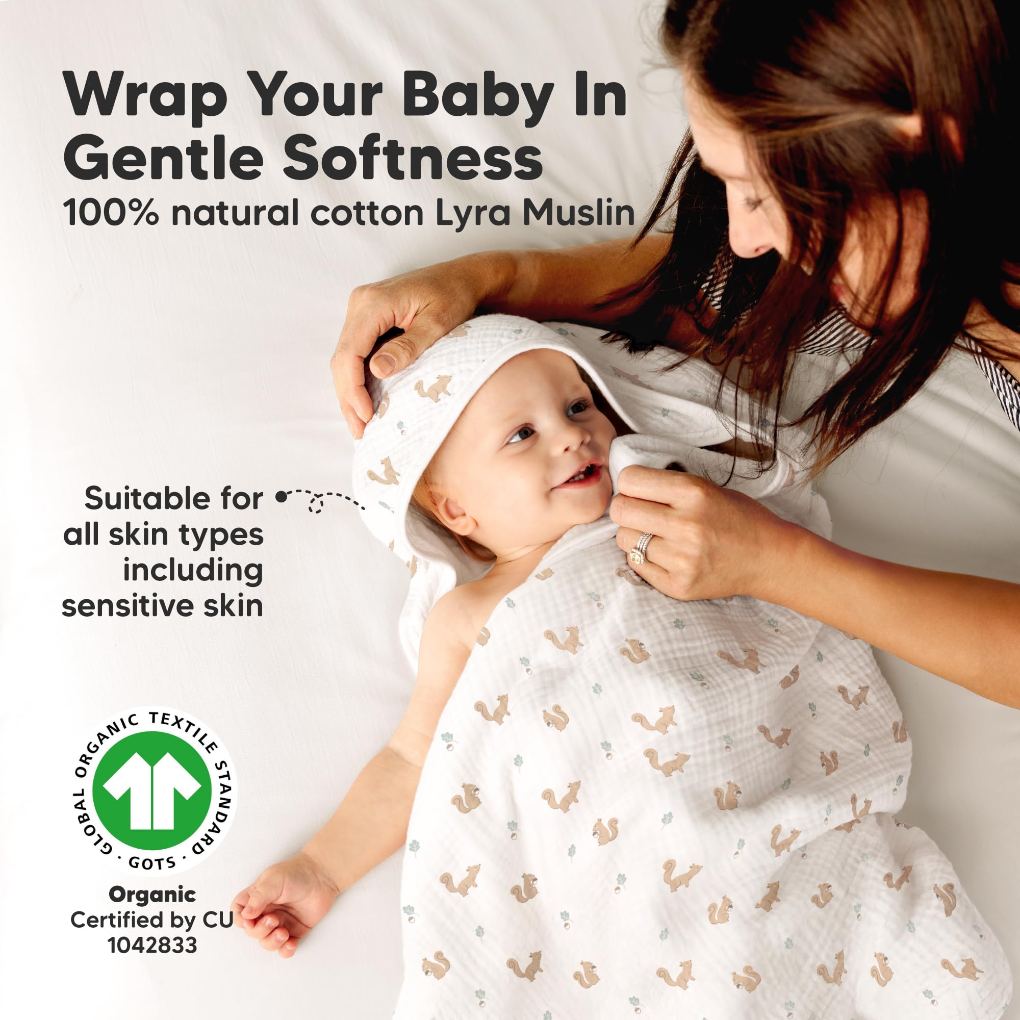 KeaBabies muslin towel close-up—4-layer absorbency for quick drying.