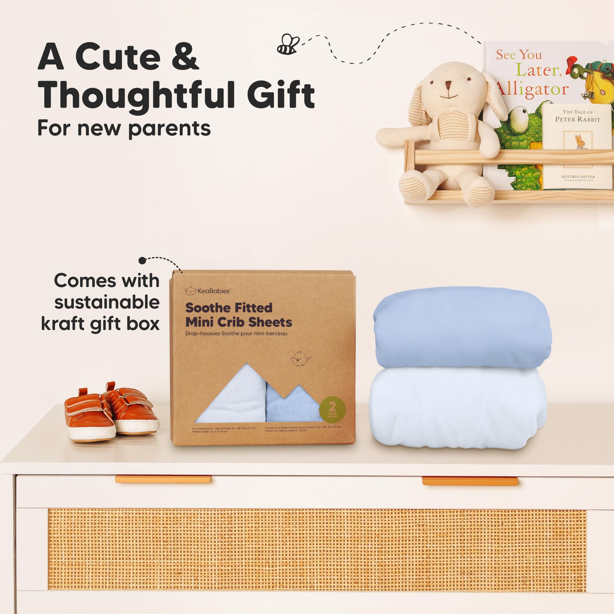 KeaBabies blue flax playard bedding is neutral for shared nursery spaces.