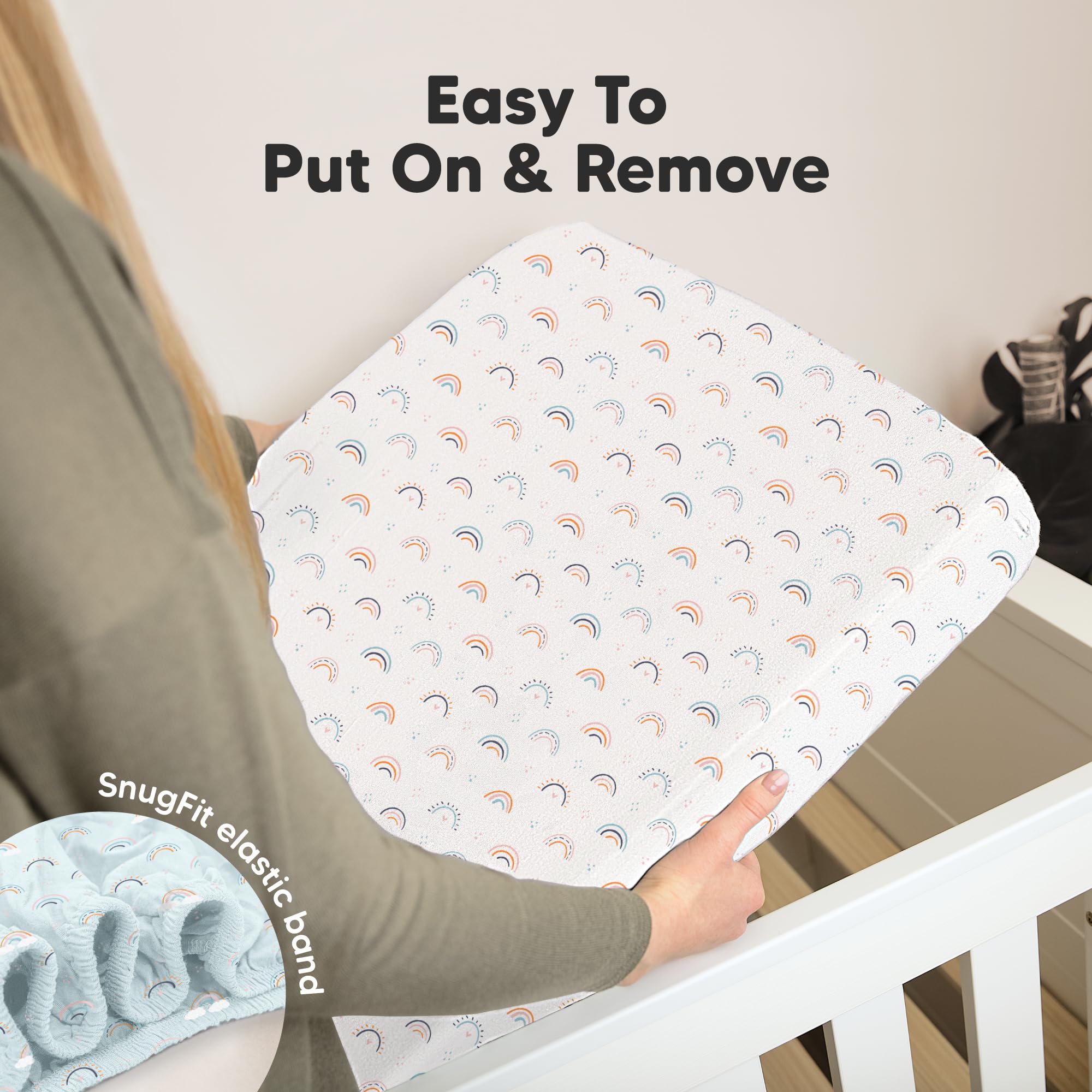 KeaBabies neutral jolly-rainbow print highlights gender-neutral nursery aesthetics