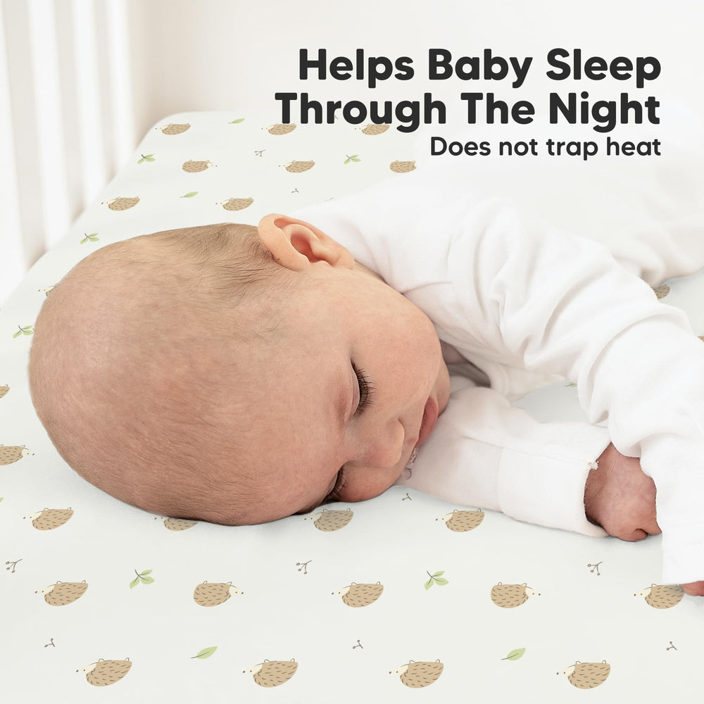 KeaBabies neutral prints Nibbles Bruce on baby bed for versatile nursery styling