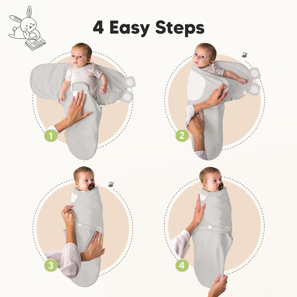 KeaBabies newborn swaddle set on baby shows ergonomic hip-friendly design for healthy movement