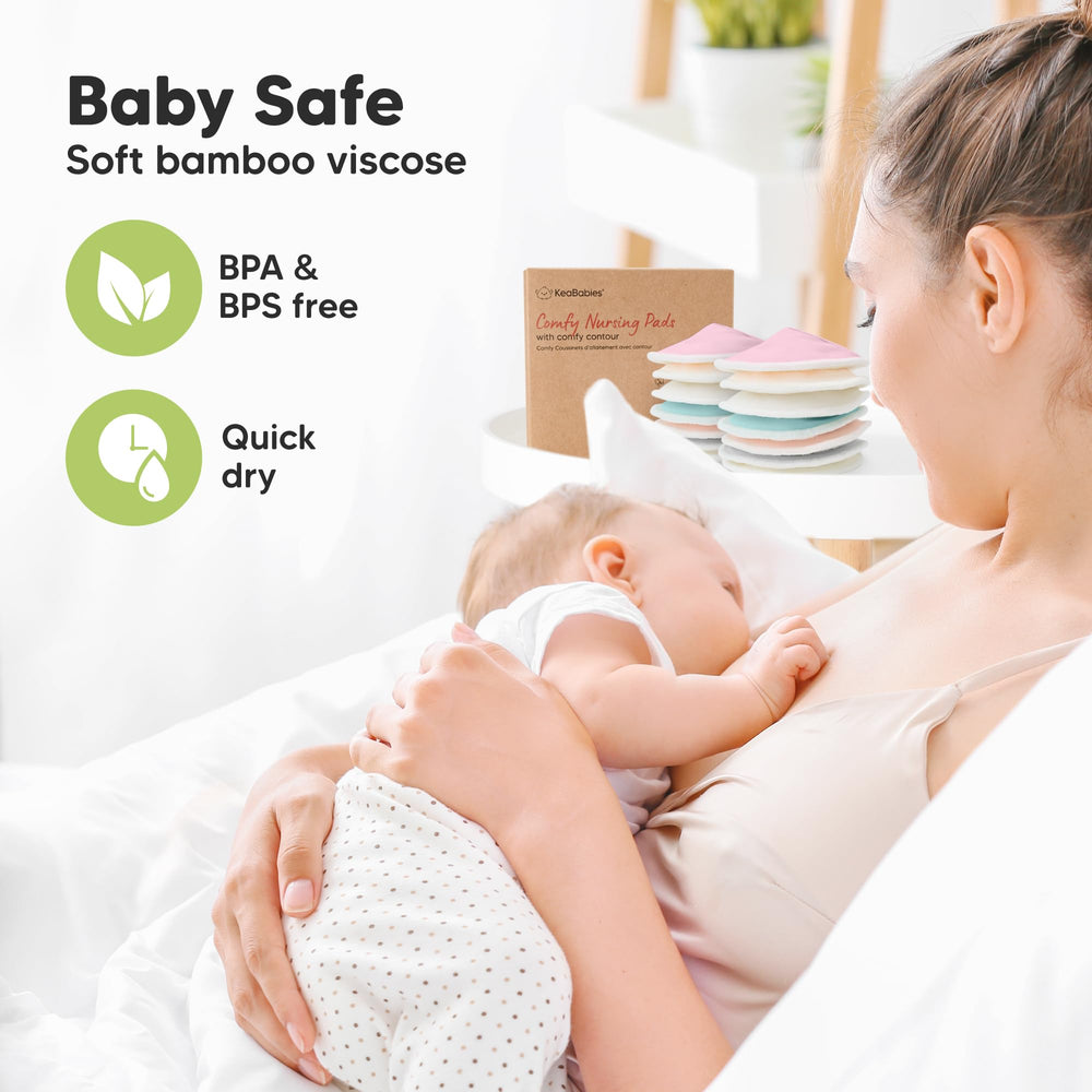 KeaBabies nursing pad sizes shown for flexible cup fit across common bra sizes.