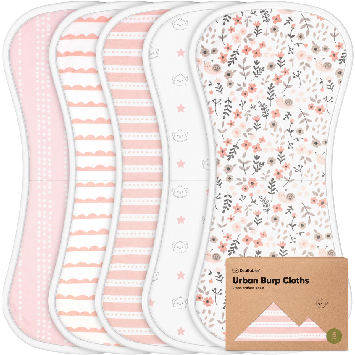 KeaBabies Organic Burp Cloths 5-pack flatlay shows soft, absorbent layers for messy feeds.