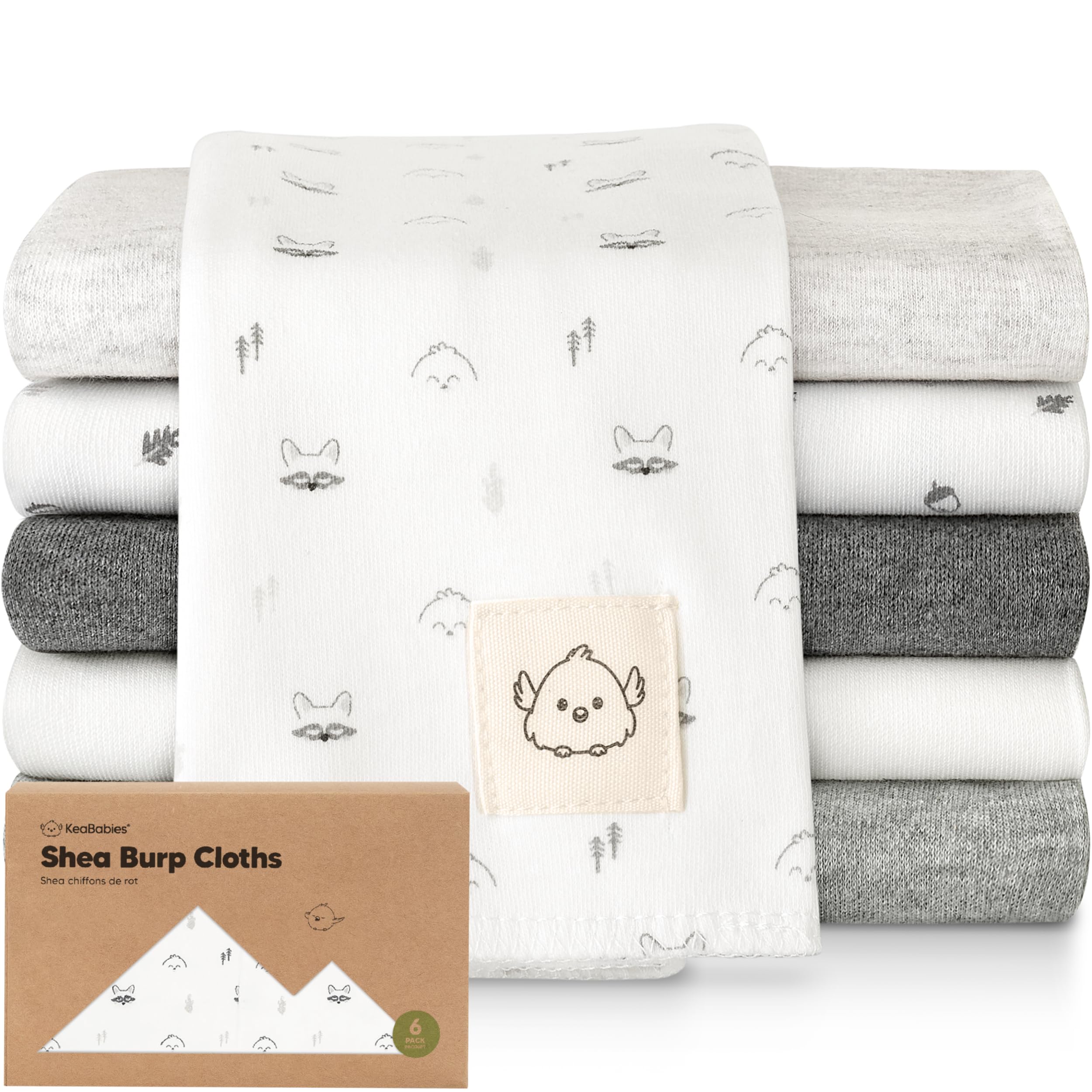 KeaBabies organic burp cloths 6-pack laid out for newborn spit-up cleanup.