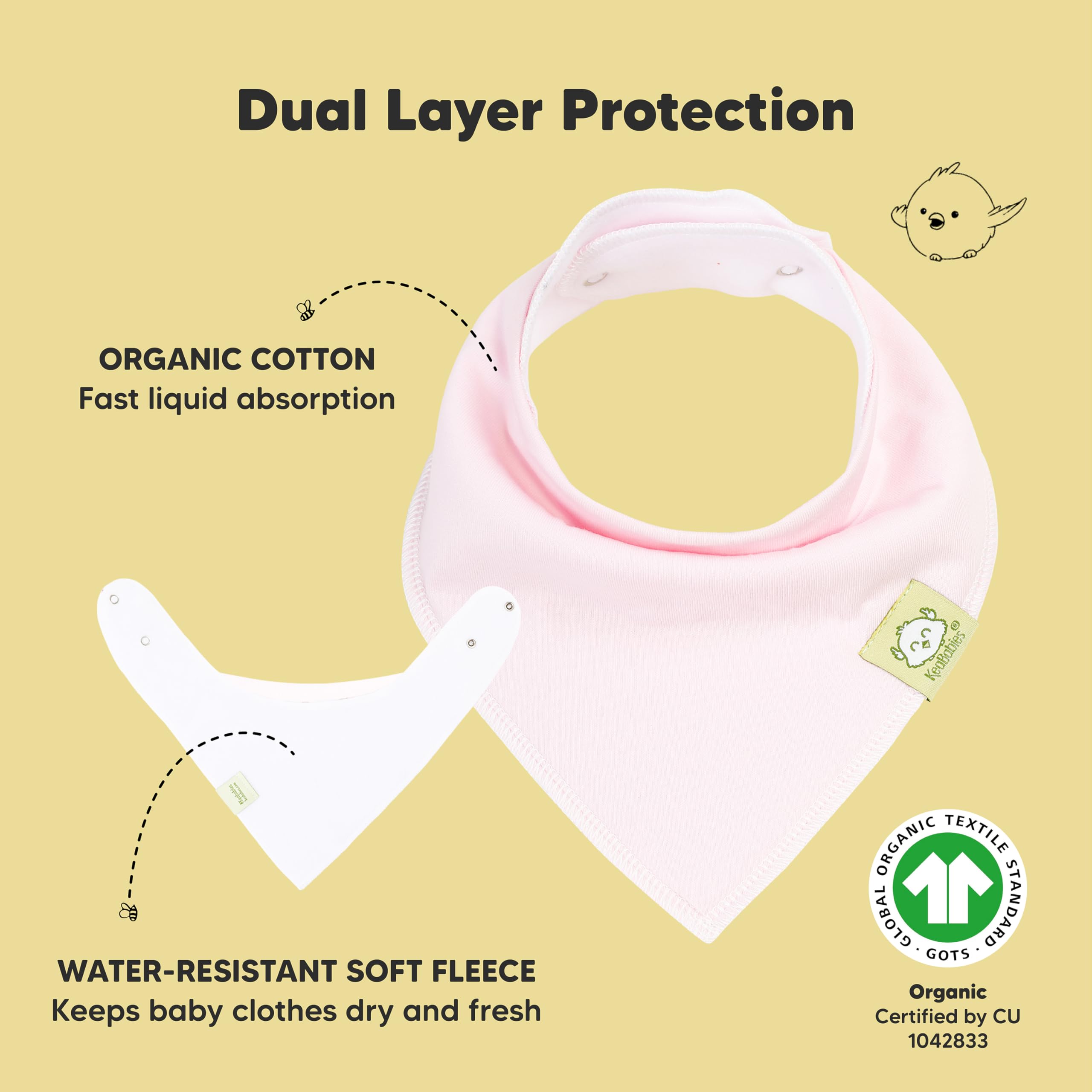 KeaBabies organic cotton bib closeup shows dual-layer absorption and soft fleece backing