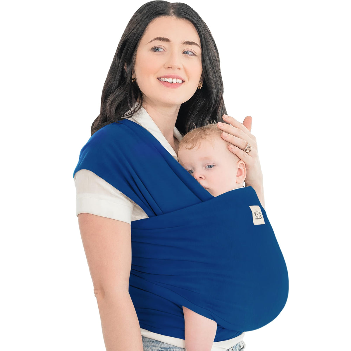 KeaBabies Original Baby Wrap Carrier in cobalt blue worn on shoulder for close bonding.