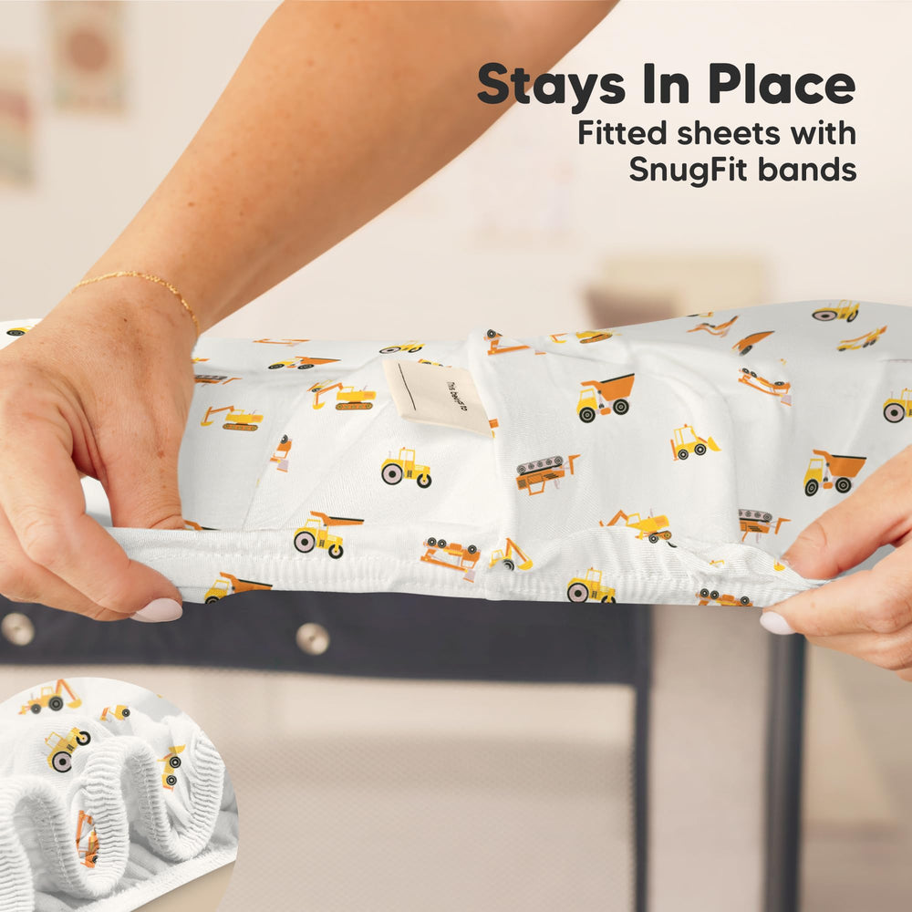 KeaBabies pack-n-play on mattress with neatly fitted sheet for quick setup.