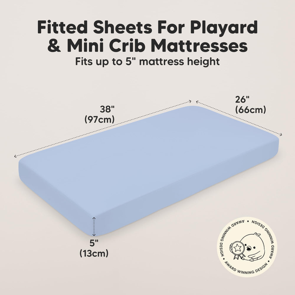 KeaBabies Soothe mini crib sheet blue flax uses SnugFit knit for easy on/off.