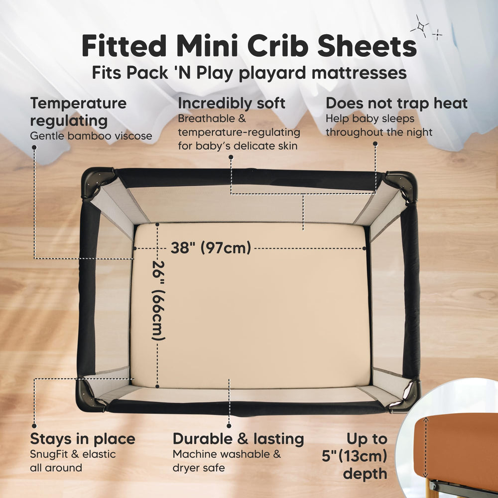KeaBabies rust pack-and-play sheets drape for nap-time comfort in bedside scene.
