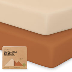 KeaBabies pack and play sheets rust close-up showing snug fit on 38x26 mattress.