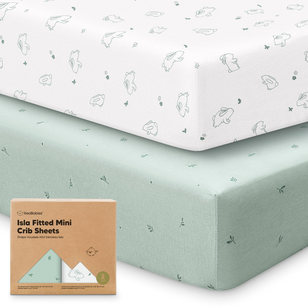 KeaBabies pack-n-play-sheets-2pack-set on a mattress, easy care for busy households.