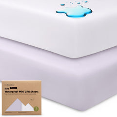 Keababies pack-n-play sheets folded in lilac for easy storage and quick setup.