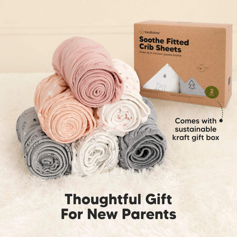 KeaBabies 2pack crib sheets packaging and product in box