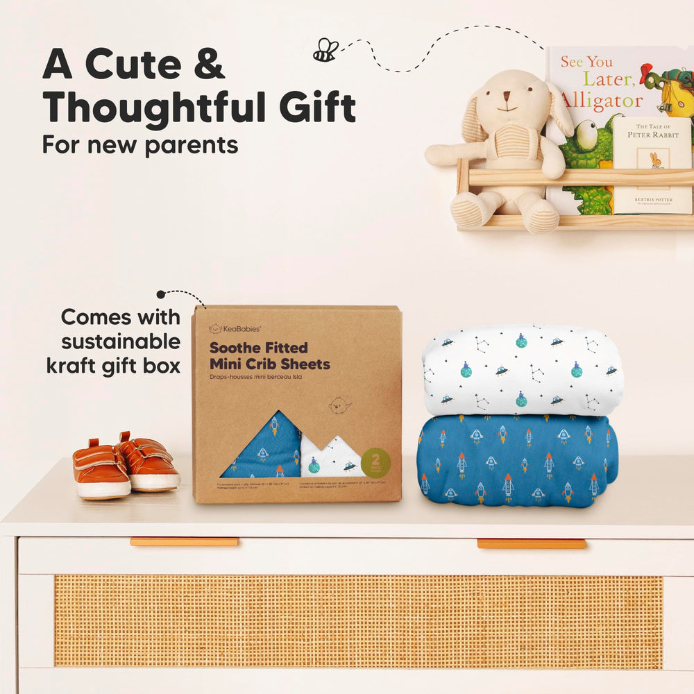 KeaBabies packaging and folded sheet view emphasizes neat nursery organization