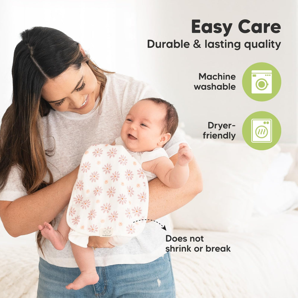 KeaBabies Petals burp cloth size 21x10 inches provides broad shoulder coverage.