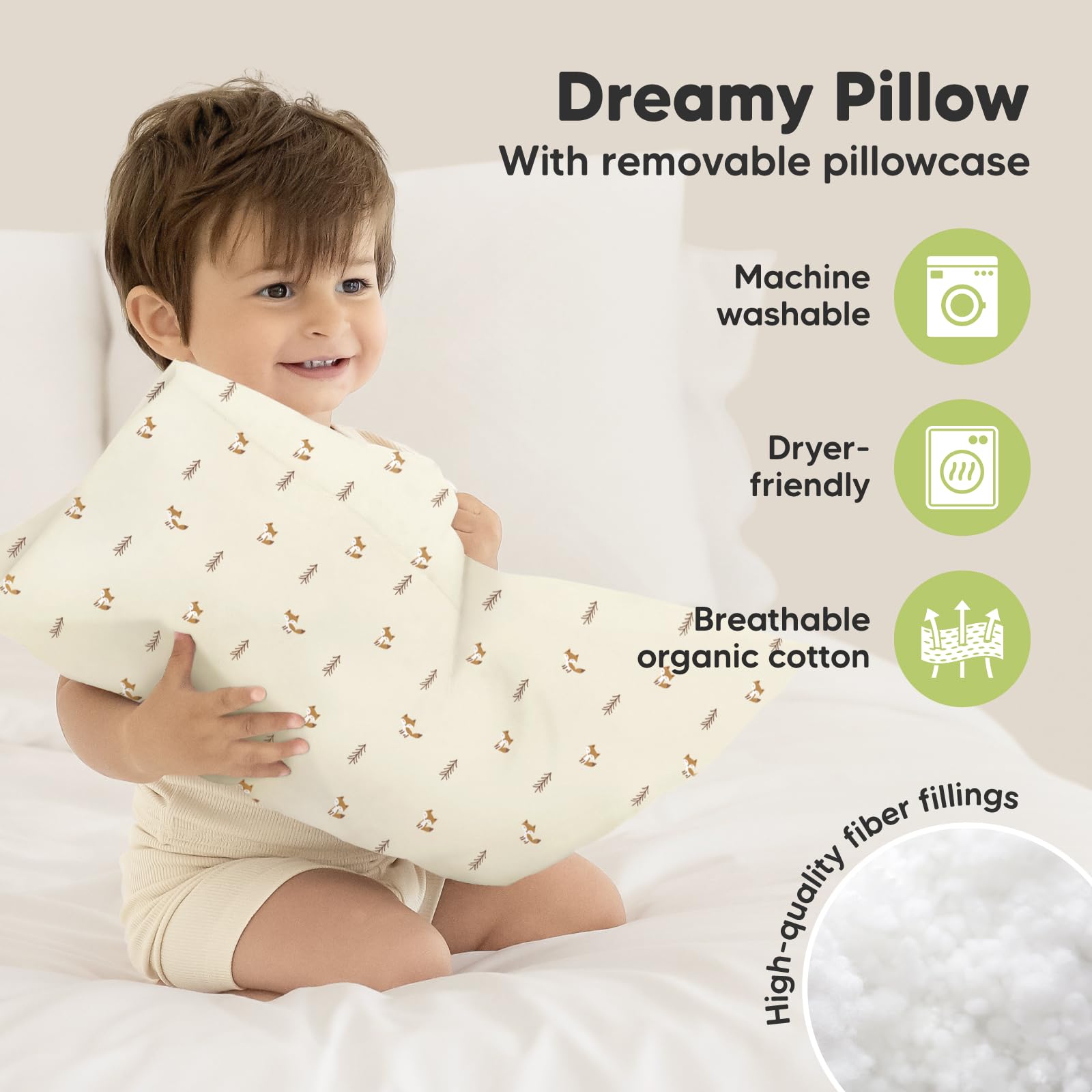 KeaBabies Pillow Washable Machine-Dry for easy cleaning after travel or spills.