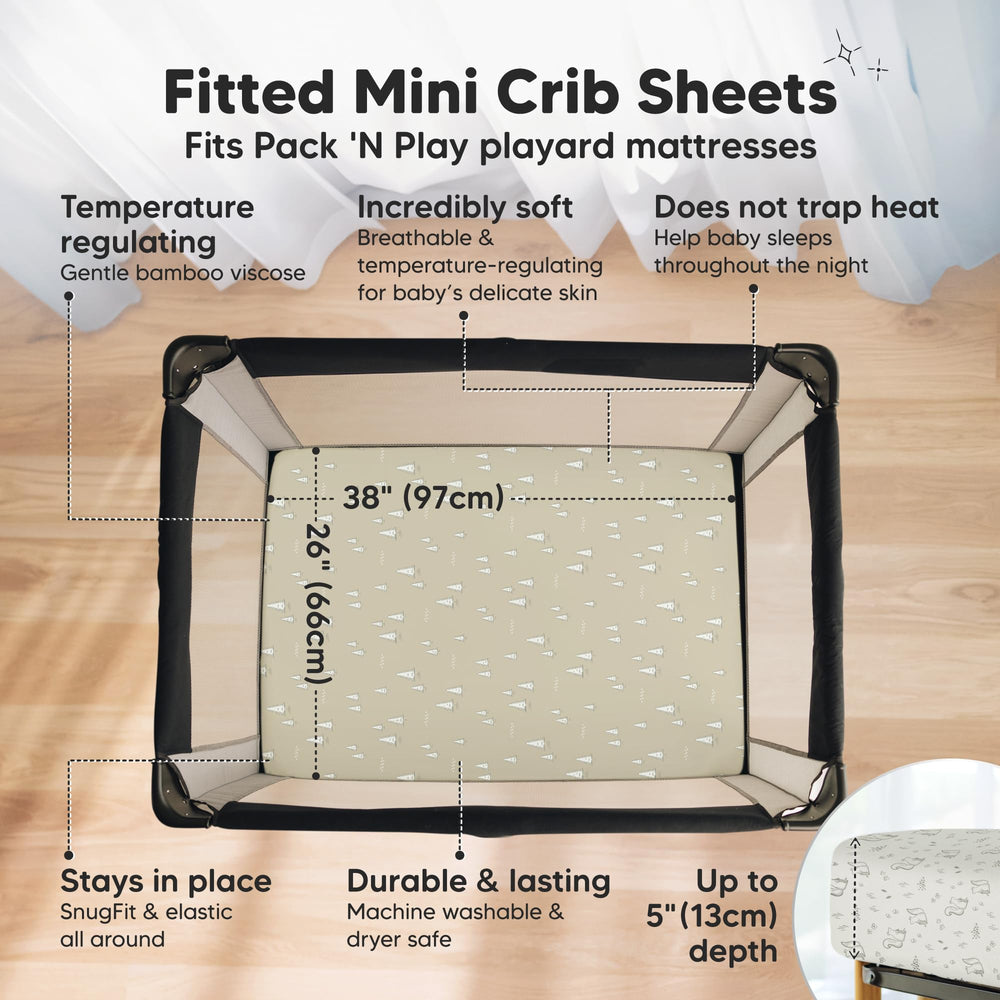 KeaBabies Pine Grove design on pack-n-play sheets with neutral style for any nursery