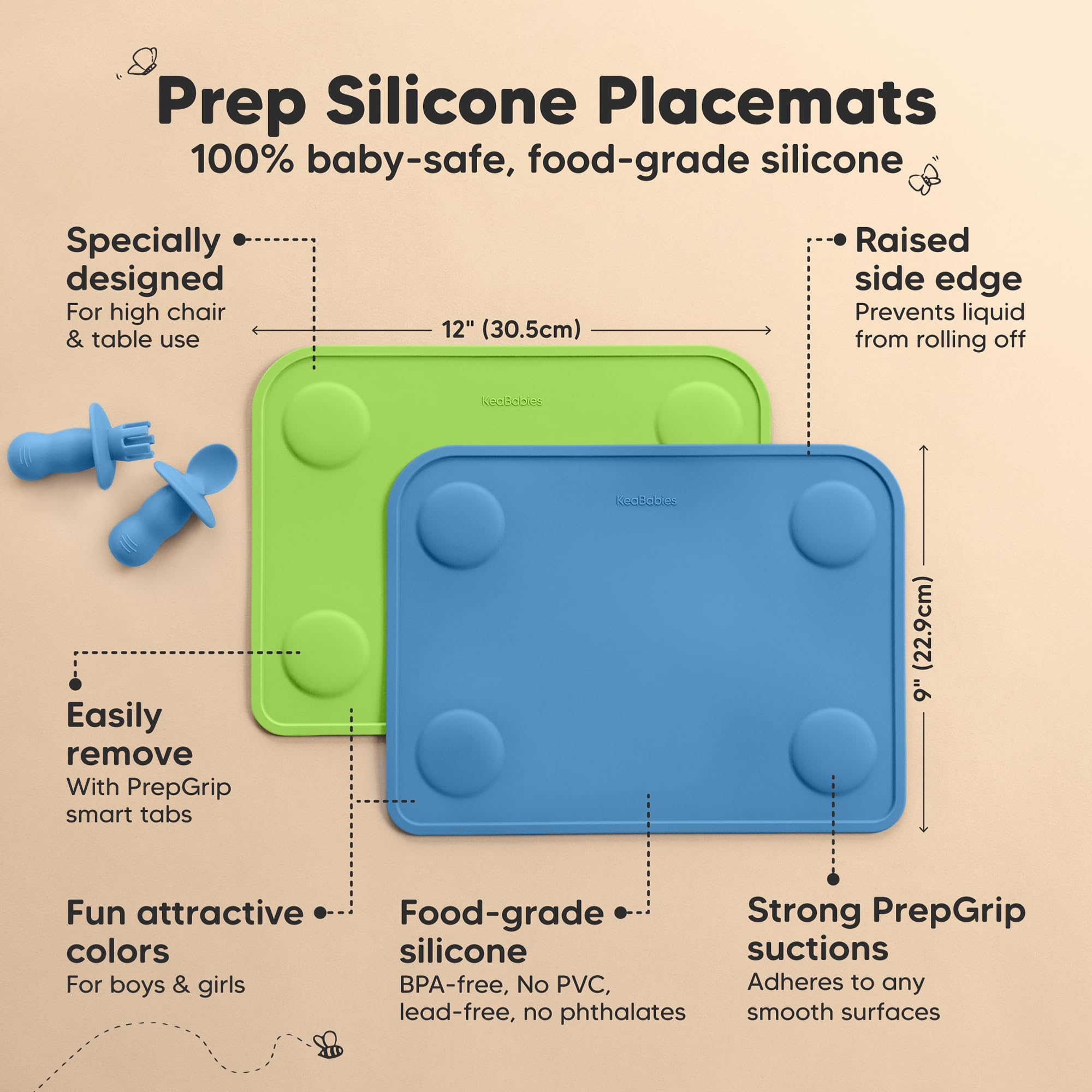 KeaBabies placemats 12x9 fit most tables for comfortable family dining.