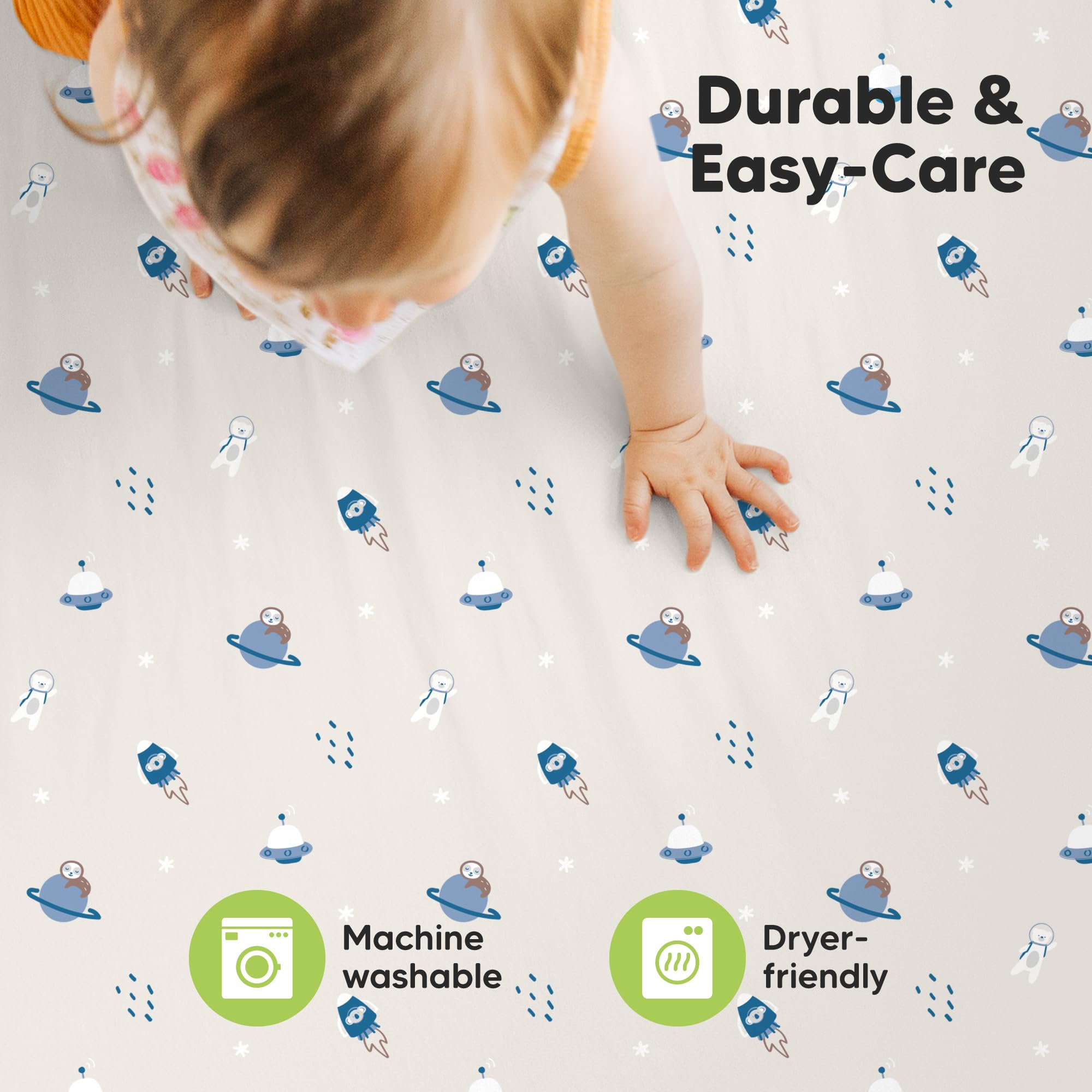 KeaBabies Cosmo playard bedding in neutral tones suits any nursery.