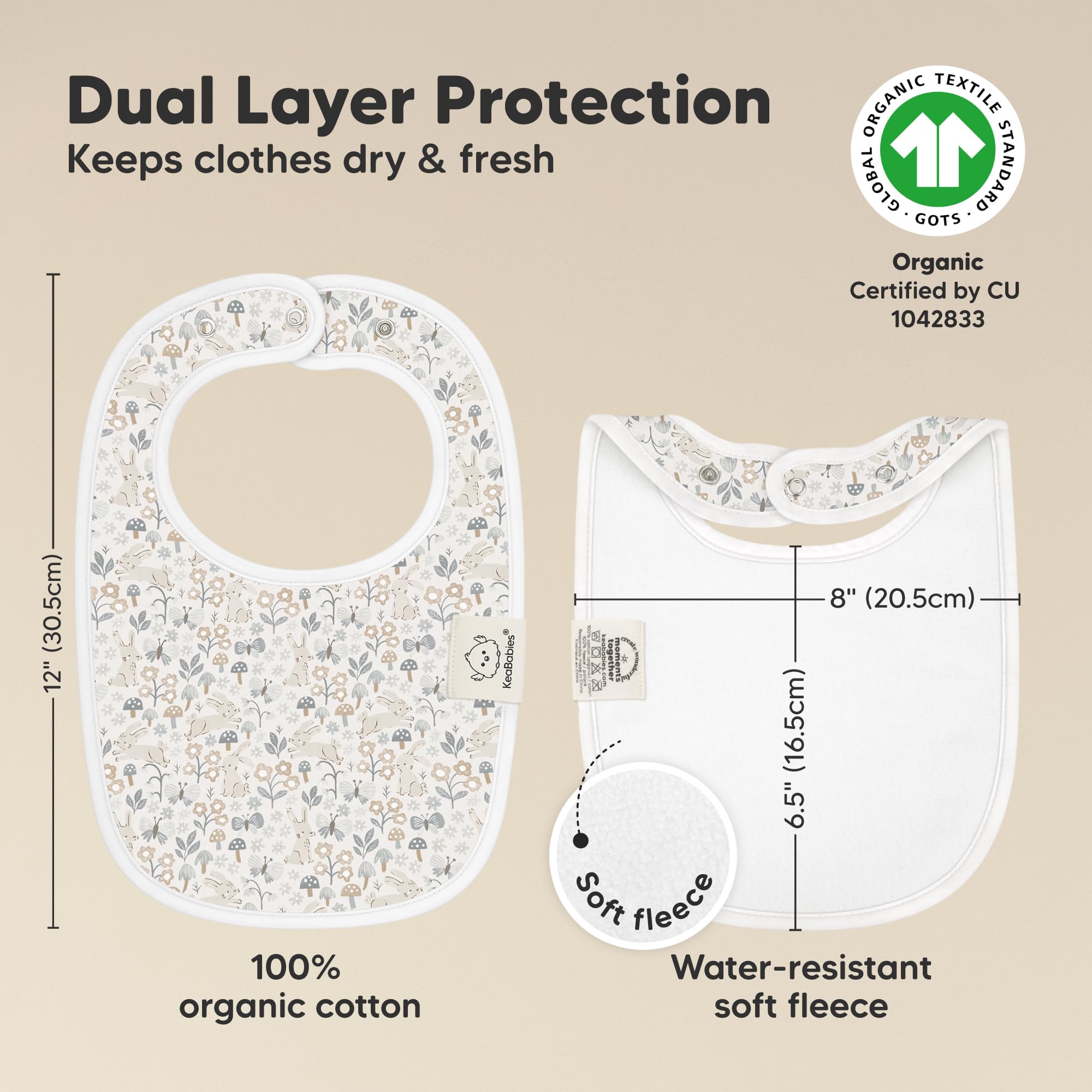KeaBabies Prairie dual-layer bib close-up highlighting absorbent fleece.