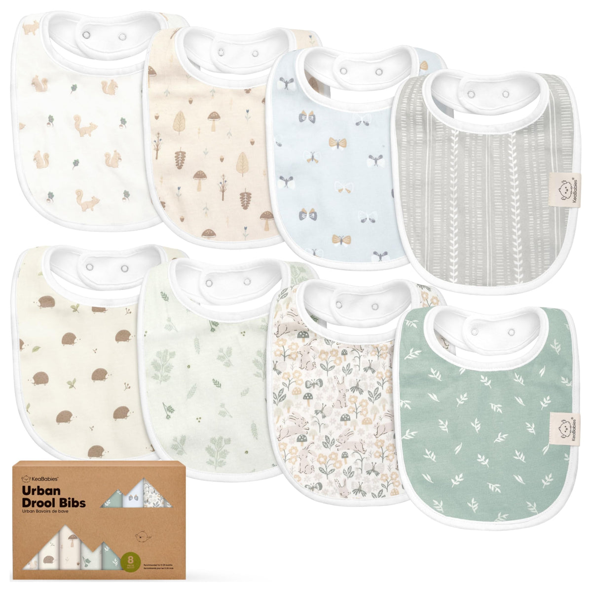KeaBabies Prairie 8-pack bibs in gift box, ideal for gifting.