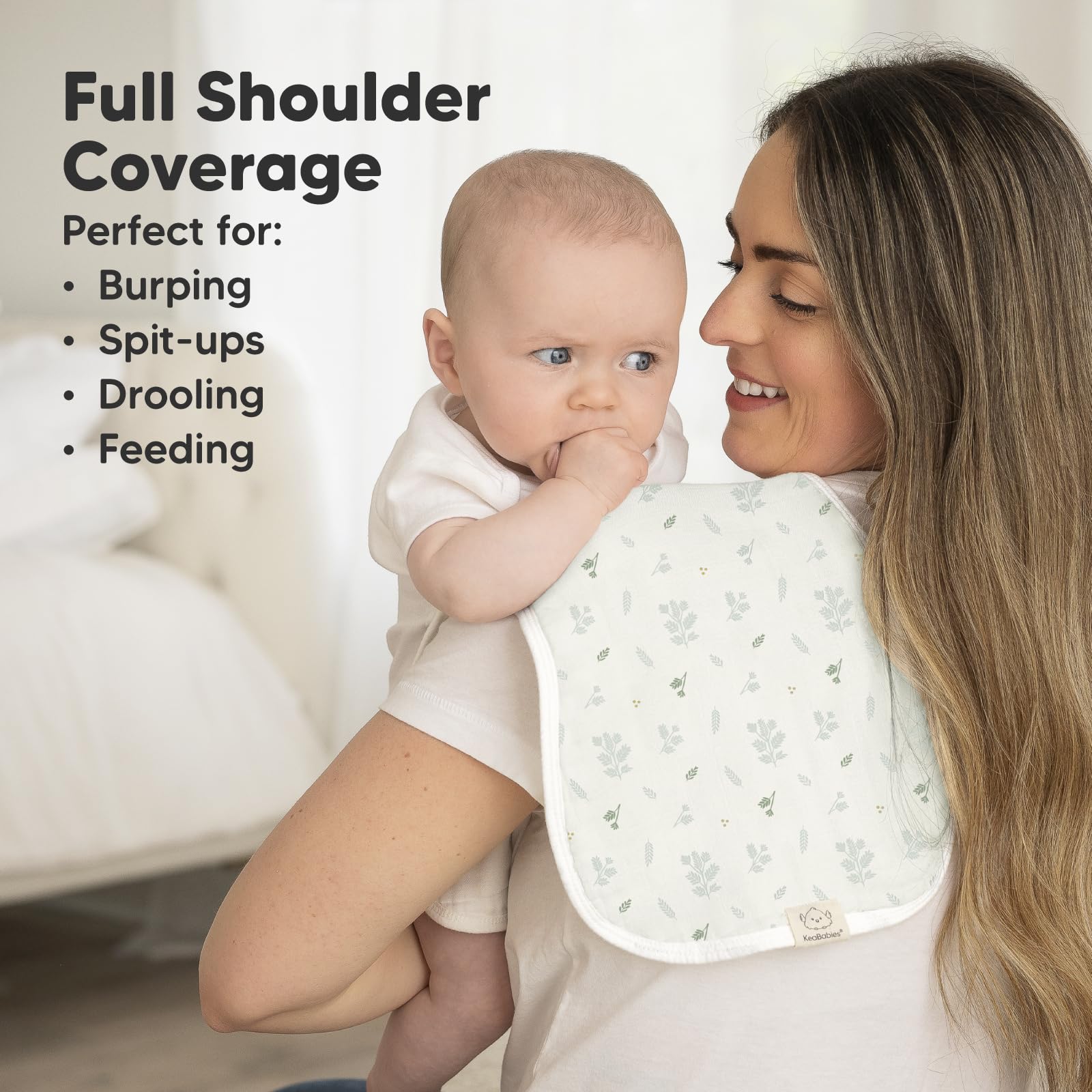 KeaBabies Prairie burp cloth with shoulder-coverage design helps prevent slips.