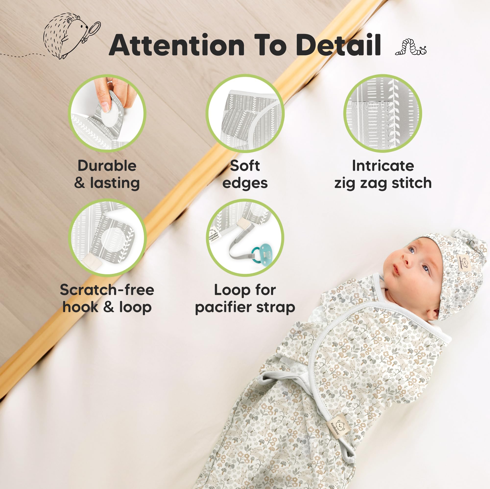 KeaBabies Prairie four-step wrap diagram illustrating an easy swaddle routine.