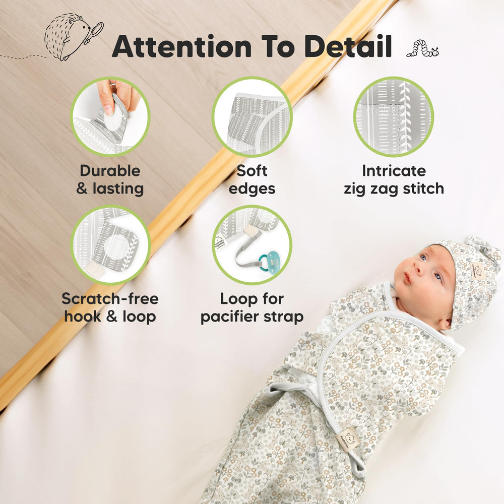 KeaBabies Prairie four-step wrap diagram illustrating an easy swaddle routine.