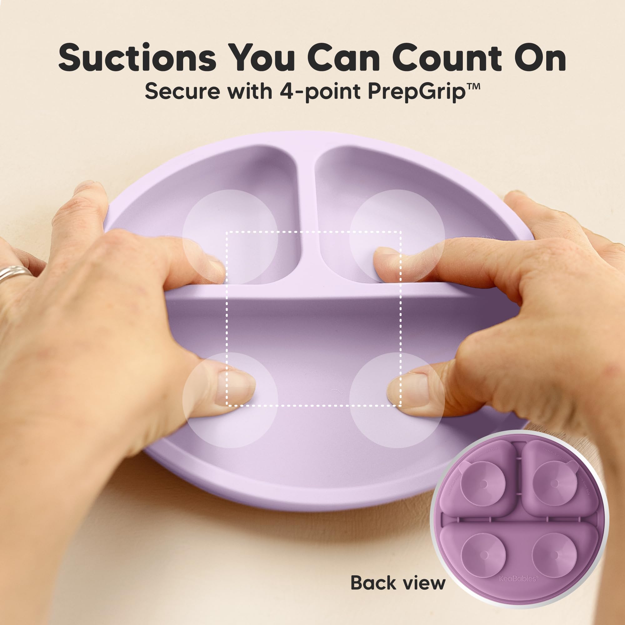 KeaBabies prepgrip suction closeup demonstrates strong grip on smooth surfaces.